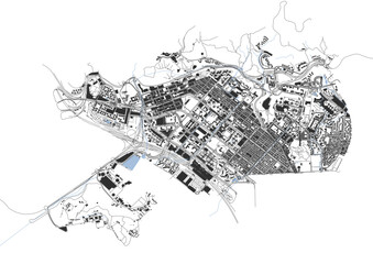 Fototapeta premium vector map of buildings waterway and highways in sham shui po district in hongkong with black and white color