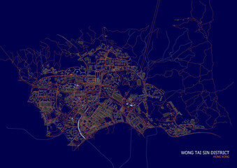 vector map of buildings, waterway and highways in wong tai sin district in hongkong with blue and orange color