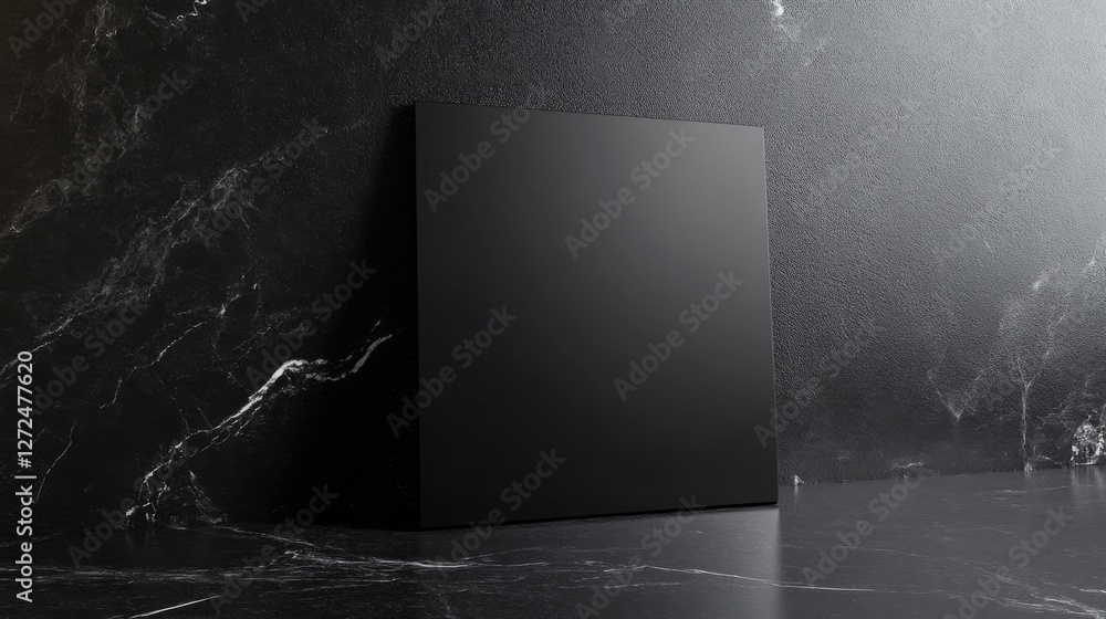 Aufkleber solid black cube against a dark textured background in studio setting