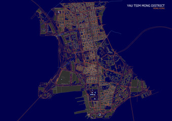 vector map of buildings, waterway and highways in yau tsim mong district in hongkong with blue and orange color