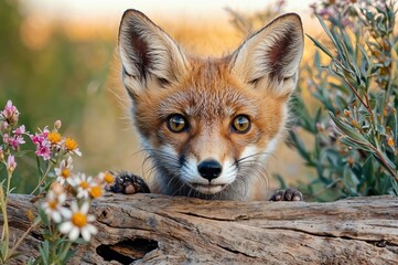 Fototapeta premium A red fox curiously observes its surroundings, with vibrant wildflowers framing its face during a picturesque golden hour, showcasing nature's beauty and tranquility.