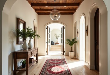 Light & Airy Entryway: Light Wood & Cream Color Palette, Arched Doorways, Vintage Runner Rug, Rustic Wooden Console Table, Glass Pendant Lamp, Greenery, Natural Light

