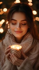 Naklejka premium Smiling young woman in a cozy sweater holding a candle amidst warm bokeh lights.
