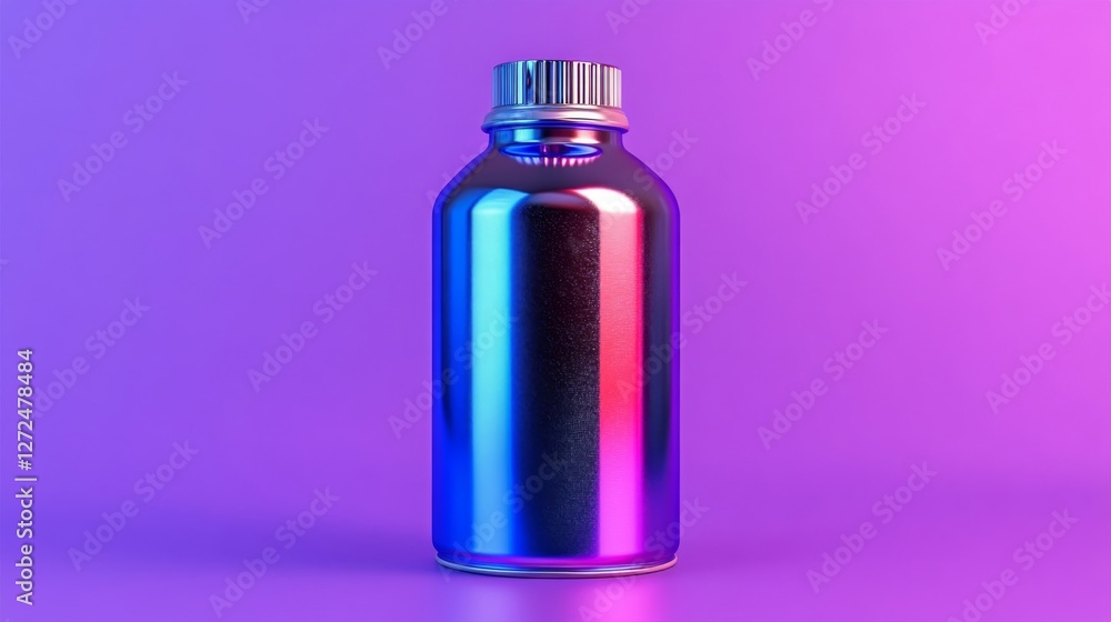 Poster iridescent bottle with dynamic gradient lighting on purple background