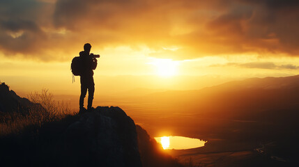 Obraz premium A silhouette of a photographer capturing the sunset from a mountain peak, showcasing nature's beauty and adventure.