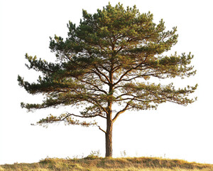 A solitary pine tree stands majestically on a grassy hill, showcasing its lush green foliage and strong, sturdy trunk.