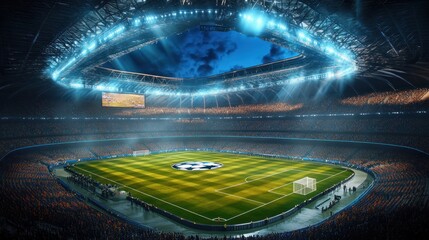 Night soccer stadium, illuminated field, packed crowd, bright lights.