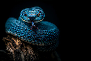 Fototapeta premium Striking Blue Snake Coiled on a Tree Branch: Full-Body View with Tongue Out, Set Against a Dramatic Black Background, Showcasing Elegance, Mystery, and the Beauty of Nature