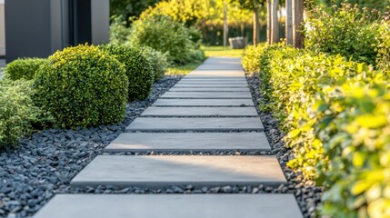 Obraz premium Modern Garden Pathway with Smooth Concrete Pavers and Greenery