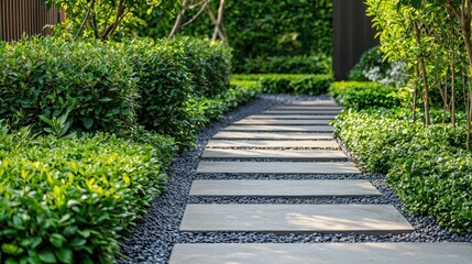 Obraz premium Modern Garden Pathway with Smooth Concrete Paving Stones