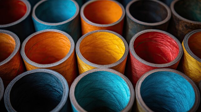 Colorful paper tubes arranged, workshop background, craft supply