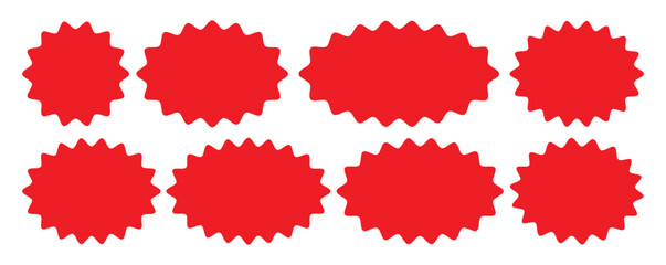 Red Zig zag wavy shape frames. Vector rectangular and round abstract clouds, and text boxes. Scallop edge kids geometric stamps. Flat jagged oval shapes set.