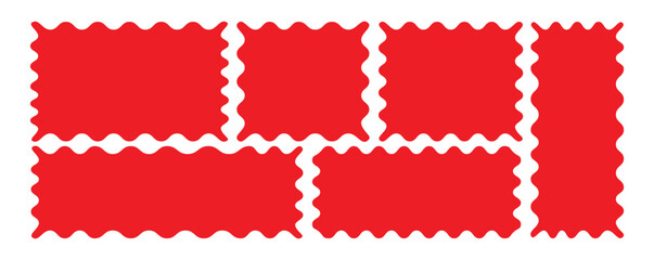 Set of frames in shape of squares and rectangles of various sizes with zigzag smooth edges. Red forms for writing text, notes, photos. Templates for design.  Vector illustration.