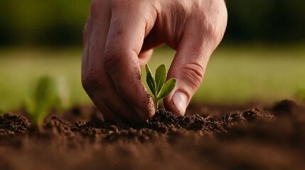 Close-up of a hand planting a young green seedling in rich soil under sunlight