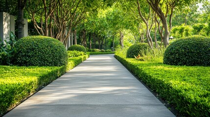Modern Garden Pathway with Sleek Concrete Paving Surrounded by Greenery