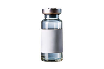 Injection bottle glass vial with blank white label, Medical glass vial bottle with liquid. Health and medicine treatment. Drug, vaccine for injection transparent background