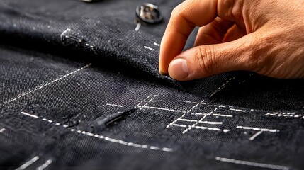 Close up detailed view of a hand gently touching the smooth fine fabric of a high end tailored men s suit  The image showcases the premium luxurious feel of the luxury textile material