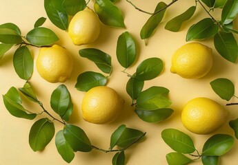 Fresh Bright Lemons with Green Leaves on Yellow Background