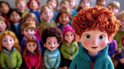 Fototapeta premium Cartoon Children Classroom Happy Kids Learning School Fun Cute Boy Red Hair