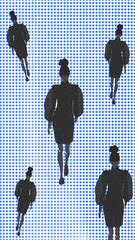 silhouettes of five walking girls in retro blue background