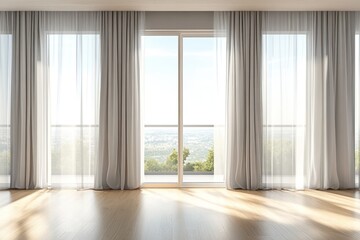 Fototapeta premium Sunlit modern apartment, panoramic city view, balcony, hardwood floor, interior design