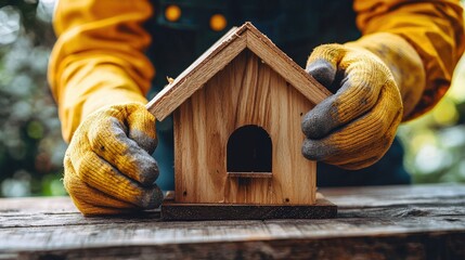 Close Up of Hands in Gloves Assembling a Birdhouse Outdoors with Careful Attention