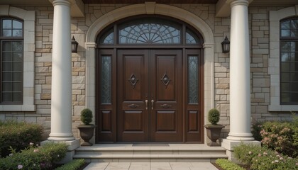 An stylish old antique wooden door at the entrance to a house with a marble and stone wall and vintage archway