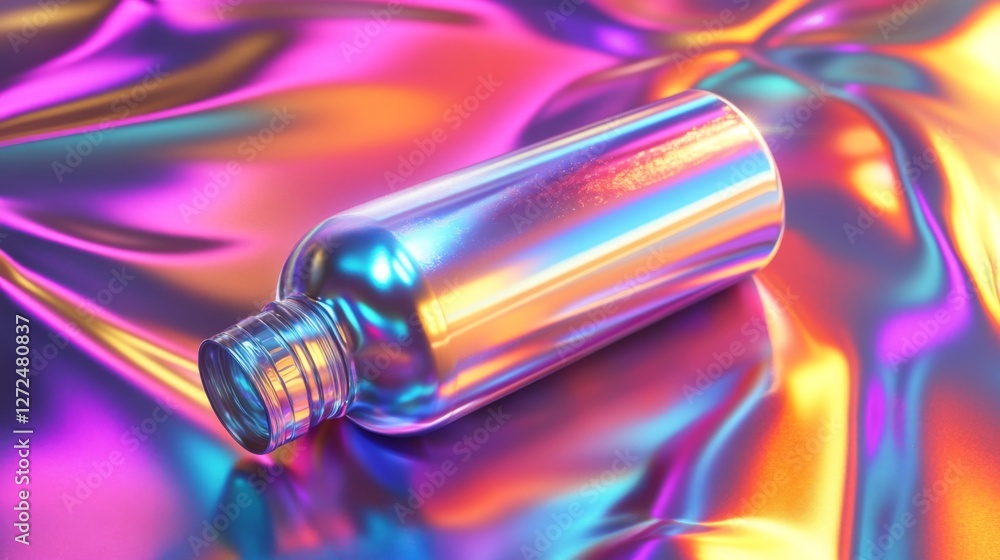 Poster shiny metallic bottle on iridescent abstract background with liquid reflection