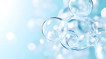 Water droplets water molecules and bubbles on blue white background