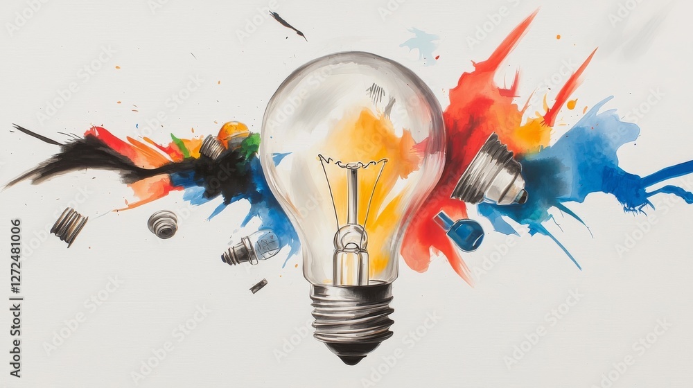Poster minimalist design of a light bulb surrounded by colorful splashes of paint representing creativity a