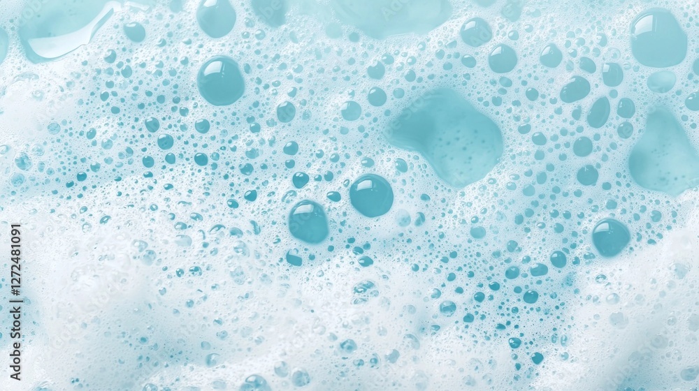 Poster Bubbles of varying sizes float within a soothing blue soap foam, creating a visual feast that combines texture and color. The serene atmosphere invites relaxation and freshness