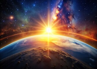 Obraz premium Majestic Sunrise Planet: Breathtaking Celestial Landscape with Vibrant Colors and Starry Background