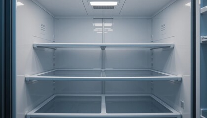 Fototapeta premium Empty fridge in the kitchen with open door and clean shelves