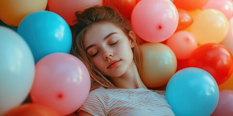 Obraz premium Celebrating joyful moments young woman surrounded by colorful balloons indoor setting lifestyle photography