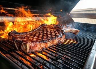 Grilled Tomahawk Steak with Flames on Outdoor Barbecue Grill Preparing for a Delicious Meal