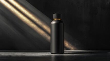 Fototapeta premium Black Cosmetic Bottle Mockup Shines with Glimmering Light on Dark Surface