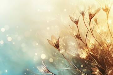 Fototapeta premium Elegant floral design with shimmering golden accents and soft blue background, creating serene and dreamy atmosphere