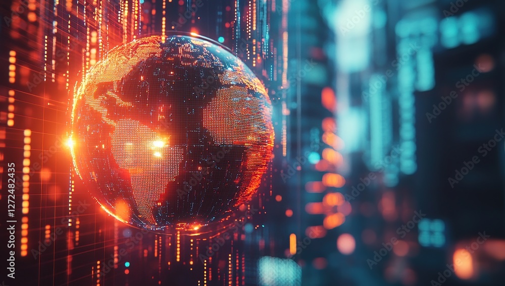 Aufkleber global network: data flows illuminate the world, connecting continents digitally