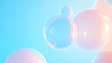 Molecules inside liquid bubbles on water background, cosmetic essence, cosmetic spa medical skin care, 3d illustration