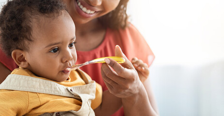 Baby Nutrition Habits. Smiling Mother Feeding Cute Infant Boy From Spoon, Young Caring African...
