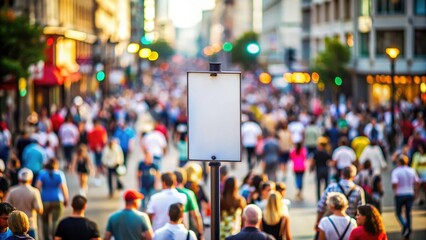 Showcase your brand with this realistic tilt-shift mockup; a white sign on a bustling city street.