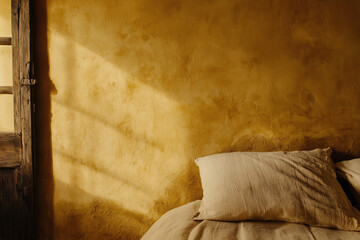 warm, golden plaster wall with refined aged effect complements cozy bed with soft pillow, creating serene and inviting atmosphere