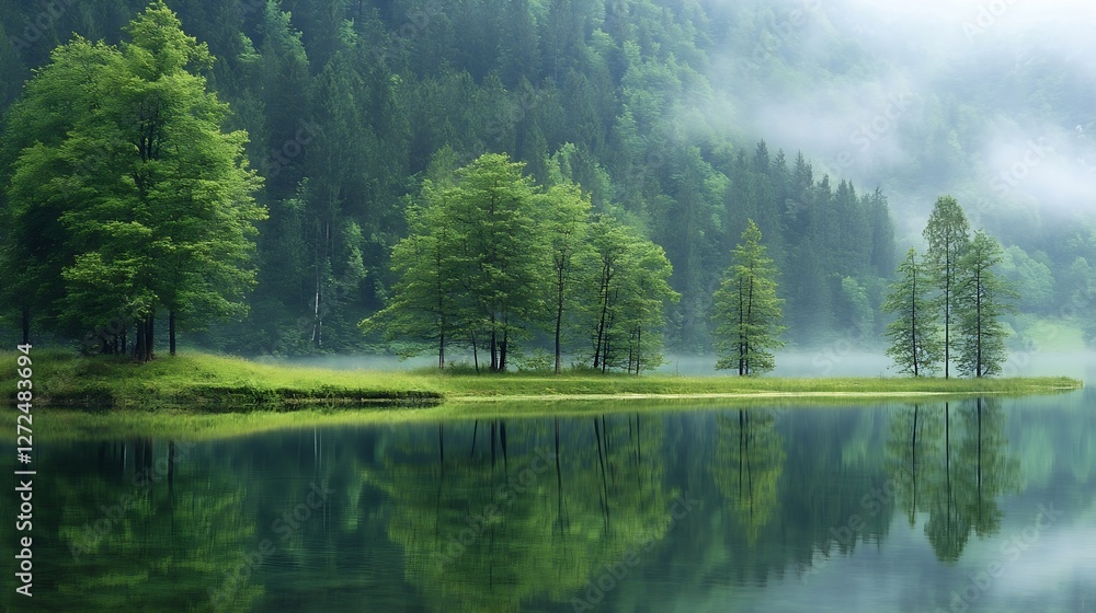 Poster serene landscape with lush green trees and misty reflections on a calm lake : generative ai