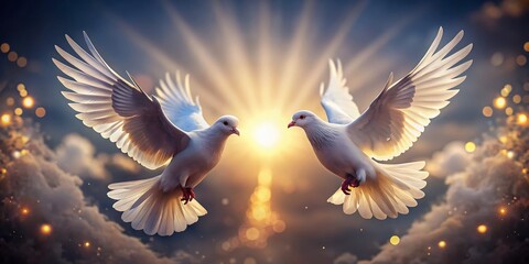 Fototapeta premium Majestic White Doves in Flight: Symbol of Peace and Harmony - Low Light Photography