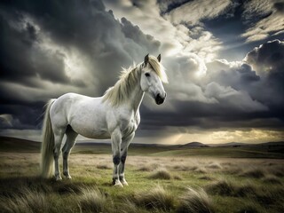 Obraz premium Majestic White Horse in Black and White Landscape Photography