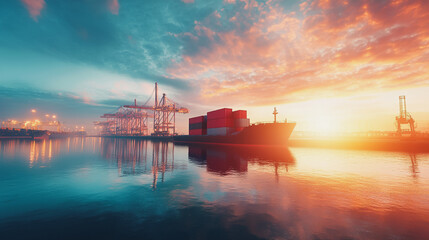 Container truck in ship port for business Logistics and transportation of Container Cargo ship and Cargo plane with working crane bridge in shipyard at sunrise, logistic import export and transport