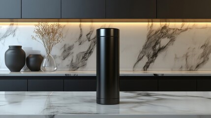 Black Thermal Bottle on Marble Countertop with Kitchen Interior Decor