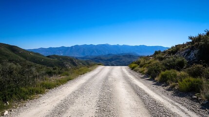 Fototapeta premium Scenic view of a rural dirt road winding through the hills under a bright blue sky : Generative AI