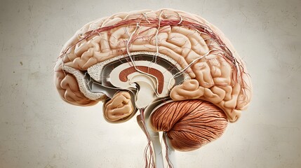 Detailed cross section of the human brain highlighting the various anatomical regions neural pathways and interconnected neural networks that facilitate cognitive sensory and motor functions