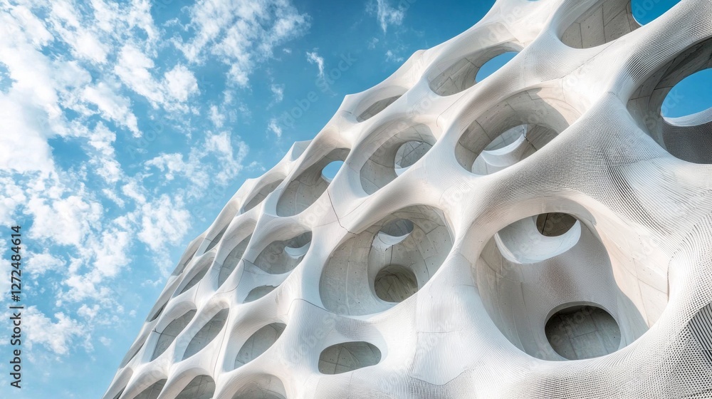 Aufkleber A striking modern building showcases an innovative wall design characterized by rounded openings, creating a unique interplay of light and shadow
